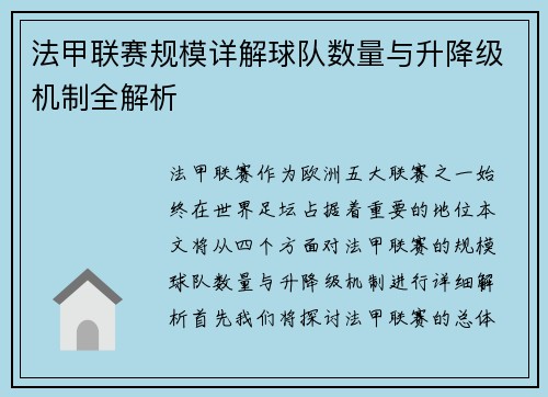 法甲联赛规模详解球队数量与升降级机制全解析