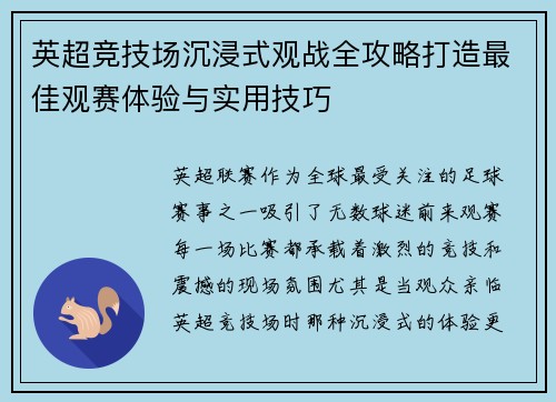 英超竞技场沉浸式观战全攻略打造最佳观赛体验与实用技巧