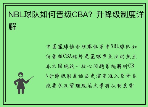 NBL球队如何晋级CBA？升降级制度详解