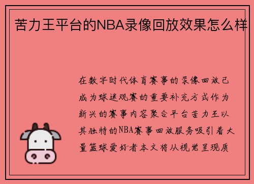 苦力王平台的NBA录像回放效果怎么样